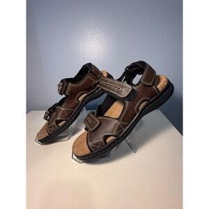 George Mens Brown Leather Hook and Loop Strap Sandals Size 8